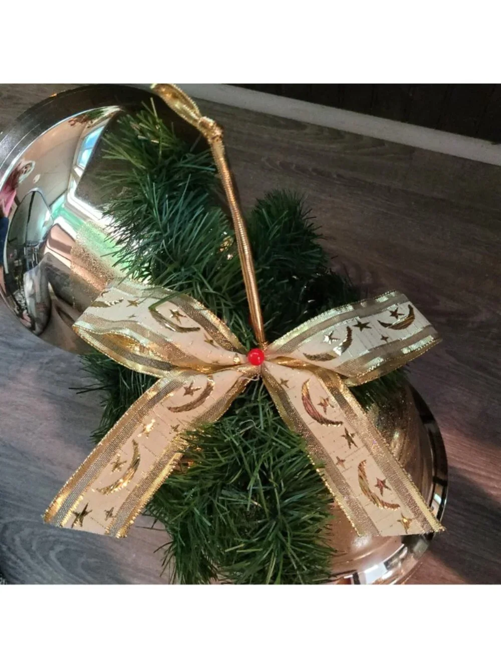 Large Double Gold Christmas Bell Ornament Hanging Plastic Greenery Gold Ribbon